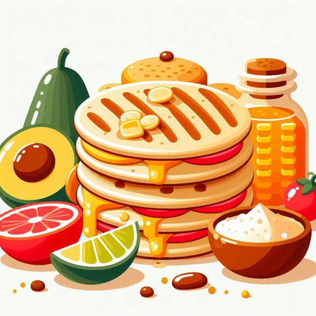Illustration of a Stack of Pancakes with Fruits and Vegetablesのイラスト素材
