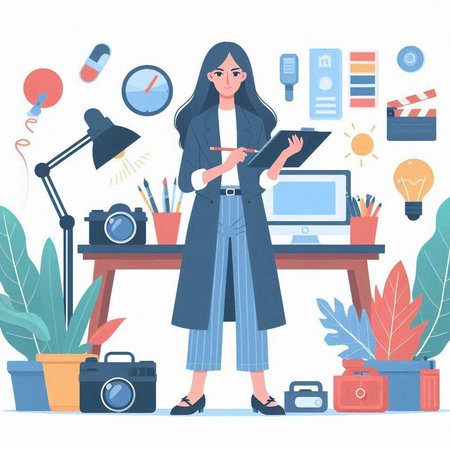 Vector illustration of a young businesswoman working in office. Flat style.のイラスト素材