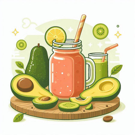 Healthy smoothie with avocado, lime and banana. Vector illustration.のイラスト素材