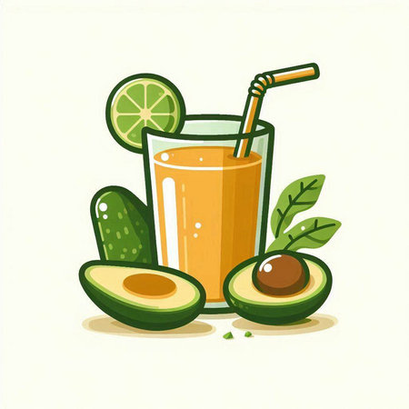 Avocado juice in a glass with a straw. Vector illustration.のイラスト素材