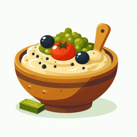 Vector illustration of a bowl of oatmeal with blueberries and tomatoesのイラスト素材