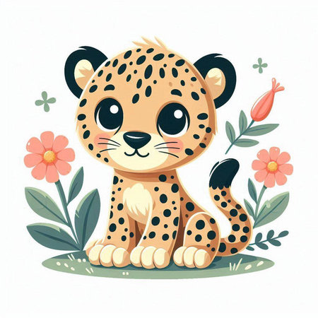 Cute cartoon leopard with flowers and leaves. Vector illustration.のイラスト素材