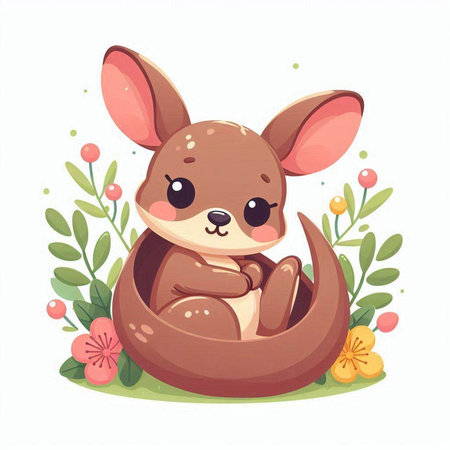 Cute kangaroo with flowers and leaves. Vector illustration.のイラスト素材