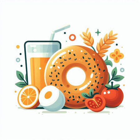 Bagel, orange juice, fruits and vegetables. Vector illustration.のイラスト素材