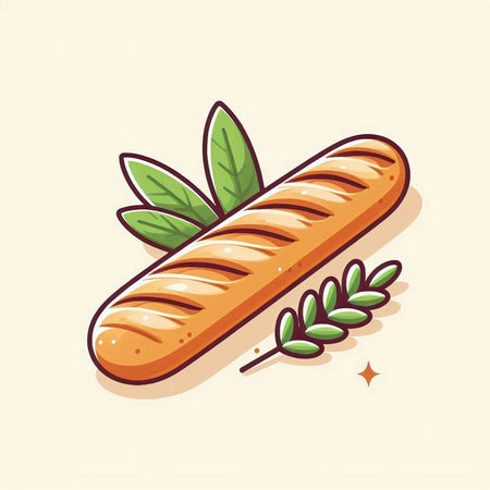Baguette bread vector illustration. Freshly baked loaf of bread with butter and spices.のイラスト素材