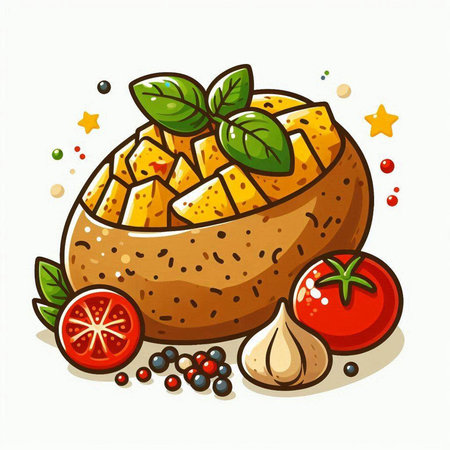 Cute cartoon bull eating donut. Vector illustration on white background.のイラスト素材