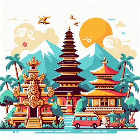 Thailand travel concept. Landscape with pagodas and temples, vector illustrationのイラスト素材