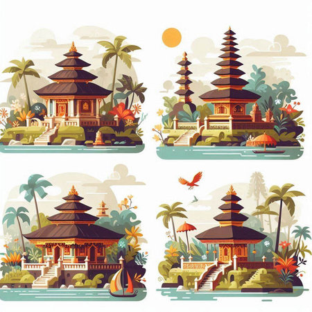 Temple and palm trees in flat style. Vector illustration set.のイラスト素材