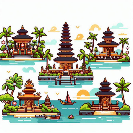 Thai temple vector set. Vector illustration of ancient temple on the island.のイラスト素材