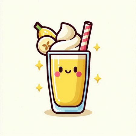 Cute banana smoothie with whipped cream and fruits. Vector illustration.のイラスト素材