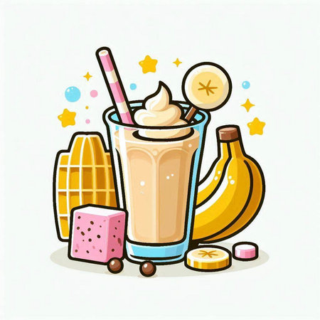 Milkshake with banana, ice cream and fruit. Vector illustration.のイラスト素材