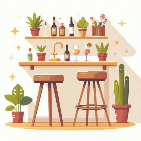 Bar counter with bottles of wine. Vector illustration in flat style.のイラスト素材