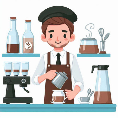 Barista making coffee. Vector illustration in a flat style on a white background.のイラスト素材