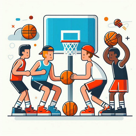 Basketball players. Flat vector illustration of basketball players with ball and basket.のイラスト素材