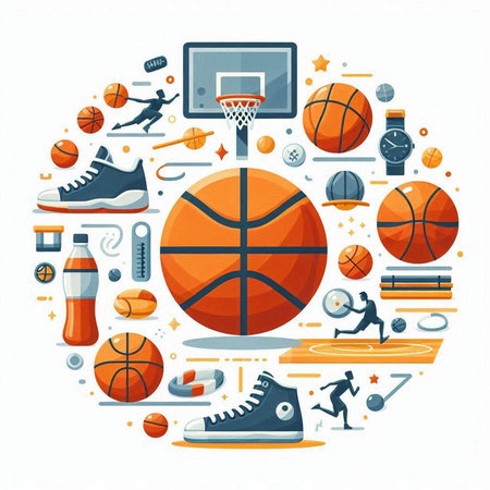 Basketball sport equipment icons in circle. Vector illustration of basketball, basketball, basketball, basketball, soccer, football, basketball, tennis, basketball.のイラスト素材