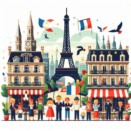 Vector illustration of France travel concept in thin line style. Eiffel Tower, Parisian building, French flag, balloons, parisian carriage, etc.のイラスト素材