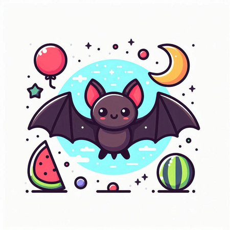 Cute bat flying in the night sky. Vector flat illustration.のイラスト素材