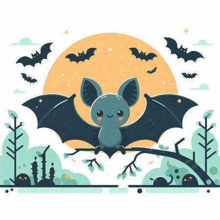 Halloween card with cute bat. Vector illustration in flat style.のイラスト素材