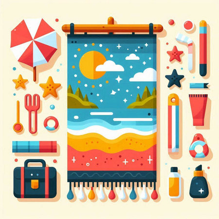 Set of beach elements. Vector illustration in flat style. Summer vacation concept.のイラスト素材