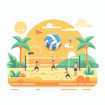 Volleyball game on the beach. Vector illustration in flat styleのイラスト素材