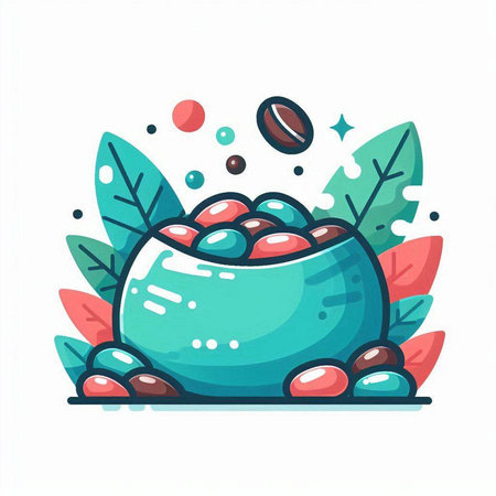 Coffee cup with beans and leaves. Vector illustration in cartoon style.のイラスト素材