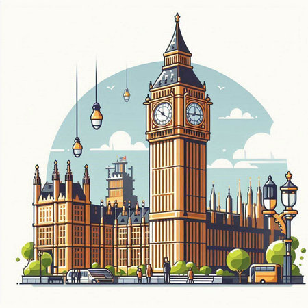 Big Ben and Houses of Parliament, London, UK. Vector illustration.のイラスト素材