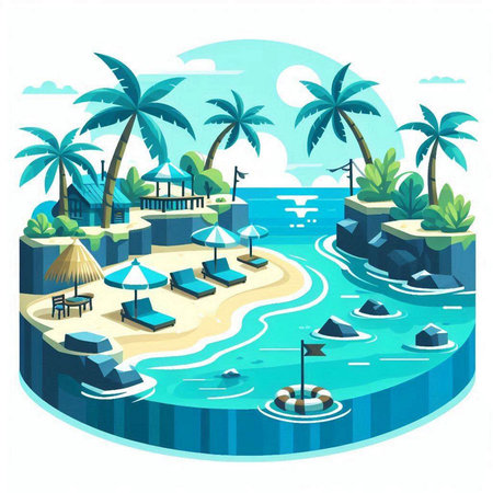 Tropical beach with boats and palm trees. Vector illustration.のイラスト素材