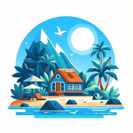 Tropical island with palm trees and house. Vector illustration in flat styleのイラスト素材