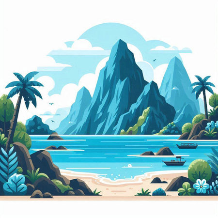 Seascape with mountains, palms and beach. Vector illustration.のイラスト素材