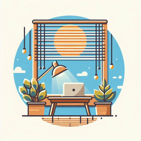 Flat design modern vector illustration concept of home office. Workplace with laptop, lamp and plants.のイラスト素材