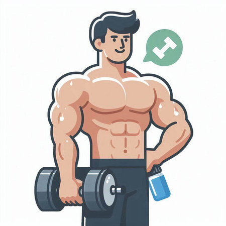 Muscular man with dumbbells. Vector illustration in cartoon styleのイラスト素材