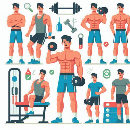 Fitness and bodybuilding icons set with man doing exercises vector illustrationのイラスト素材