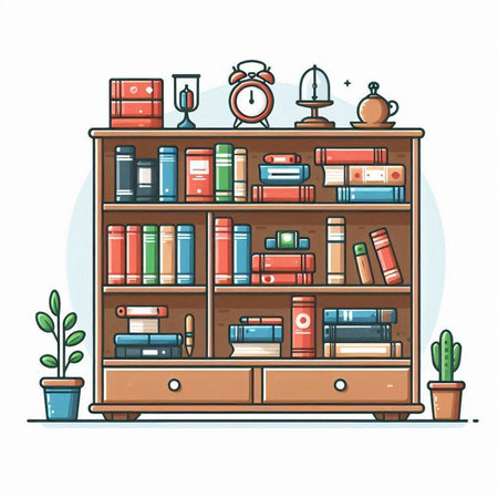 Bookshelf with books. Vector illustration in doodle styleのイラスト素材