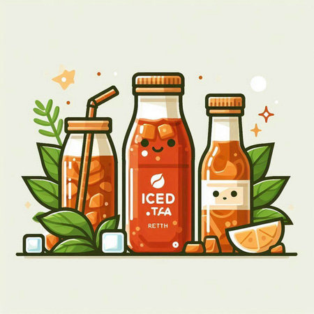 Iced tea in glass bottles with straw and ice cubes. Flat style vector illustration.のイラスト素材