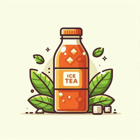 Illustration of a bottle of kombucha tea with leaves.のイラスト素材