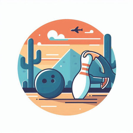 Vector illustration of a flat design of a bowling ball, pin and cactus in the desertのイラスト素材