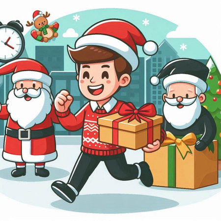 Santa Claus and Santa Claus with Christmas gifts. Cartoon vector illustration.のイラスト素材