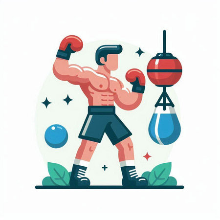 Fitness man with boxing gloves and kettlebell. Flat vector illustration.のイラスト素材