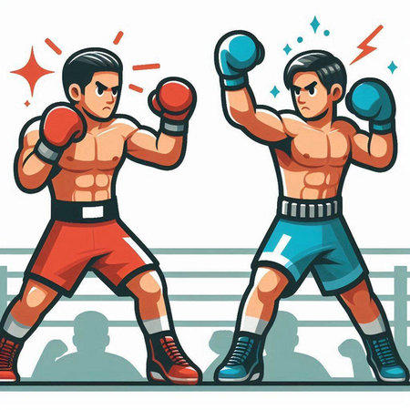 Boxing men in red and blue gloves. Vector cartoon illustration.のイラスト素材