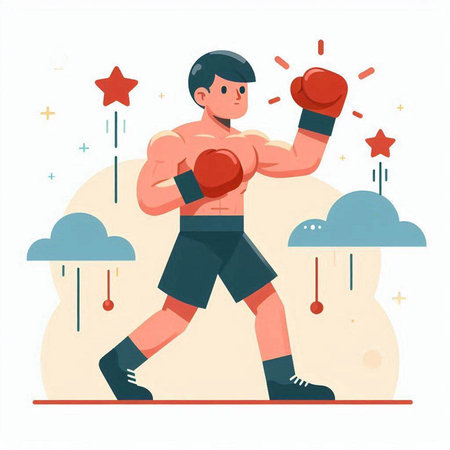 Male boxer in boxing gloves. Vector illustration in flat cartoon style.のイラスト素材