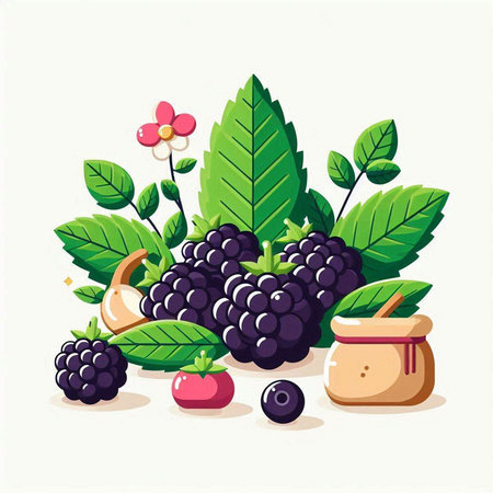 Blackberry fruit with leaves and honey. Vector illustration in cartoon style.のイラスト素材