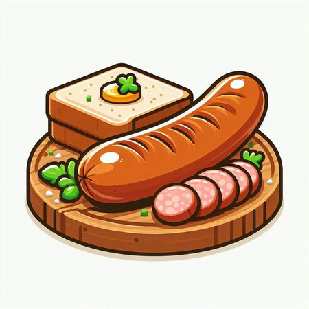 Sausage and bread on a wooden plate. Vector illustration.のイラスト素材