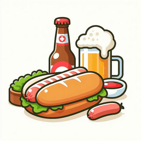 Illustration of a beer and a hot dog on a white backgroundのイラスト素材