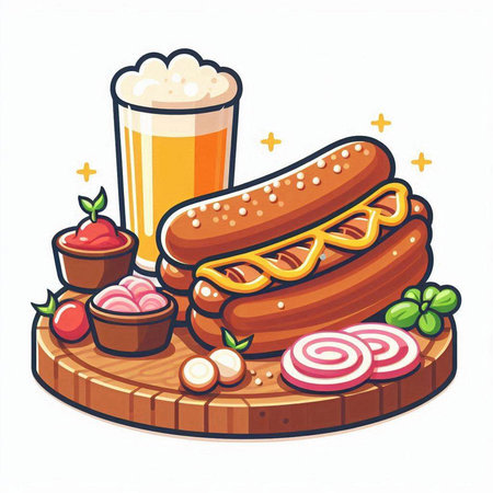 Hot dog and a glass of beer on a white background. Vector illustrationのイラスト素材