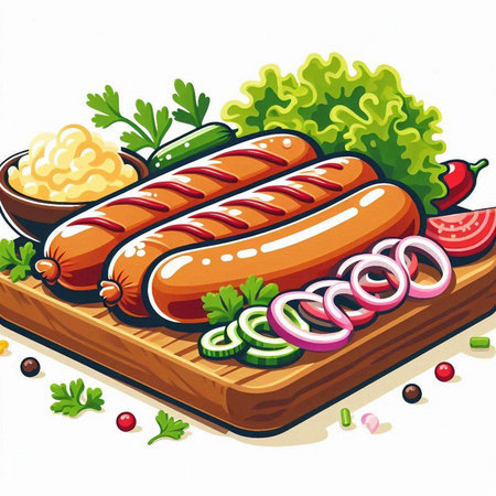Grilled sausages with vegetables on wooden board. Vector illustration.のイラスト素材
