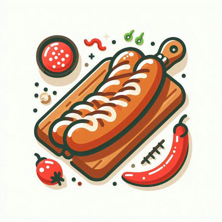 Vector illustration of grilled sausages on wooden cutting board with tomato sauce and chili pepper.のイラスト素材