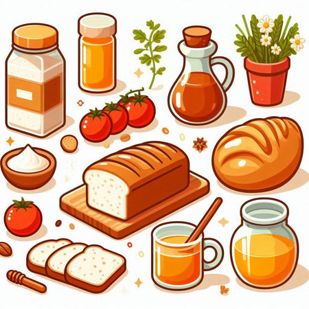 Illustration of a set of food and drink on a white backgroundのイラスト素材