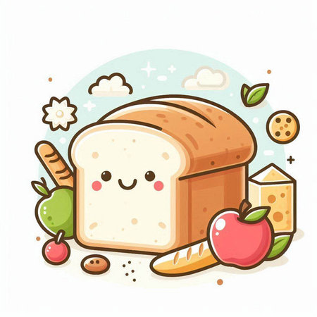 Illustration of a Cute Bread Cartoon Character with Sliced Appleのイラスト素材