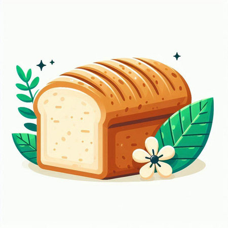 Illustration of a loaf of bread and leaves on a white backgroundのイラスト素材