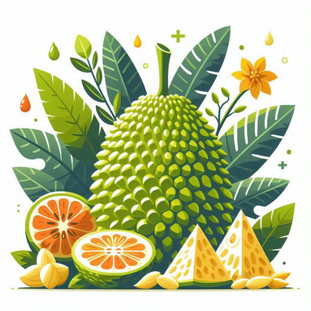 Tropical fruits and leaves vector background. Exotic fruit illustration.のイラスト素材